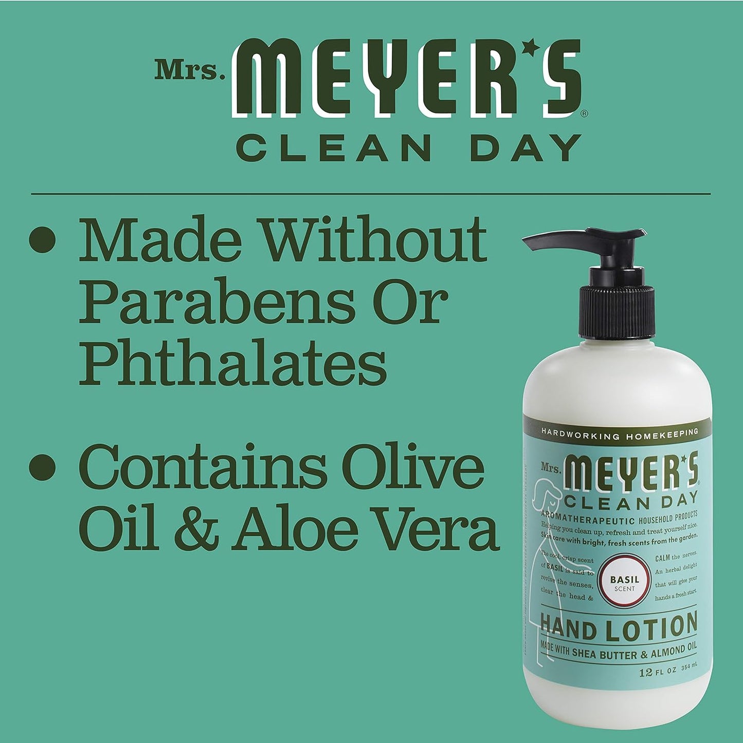 Mrs. Meyer's Clean Day hand lotion bottle with product features on a green background