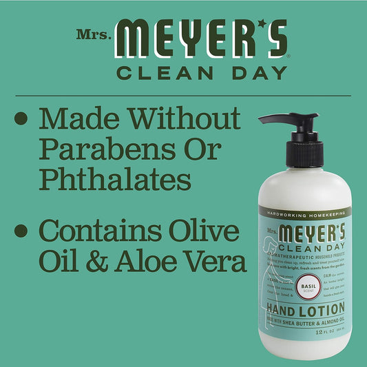 Mrs. Meyer's Clean Day hand lotion bottle with product features on a green background