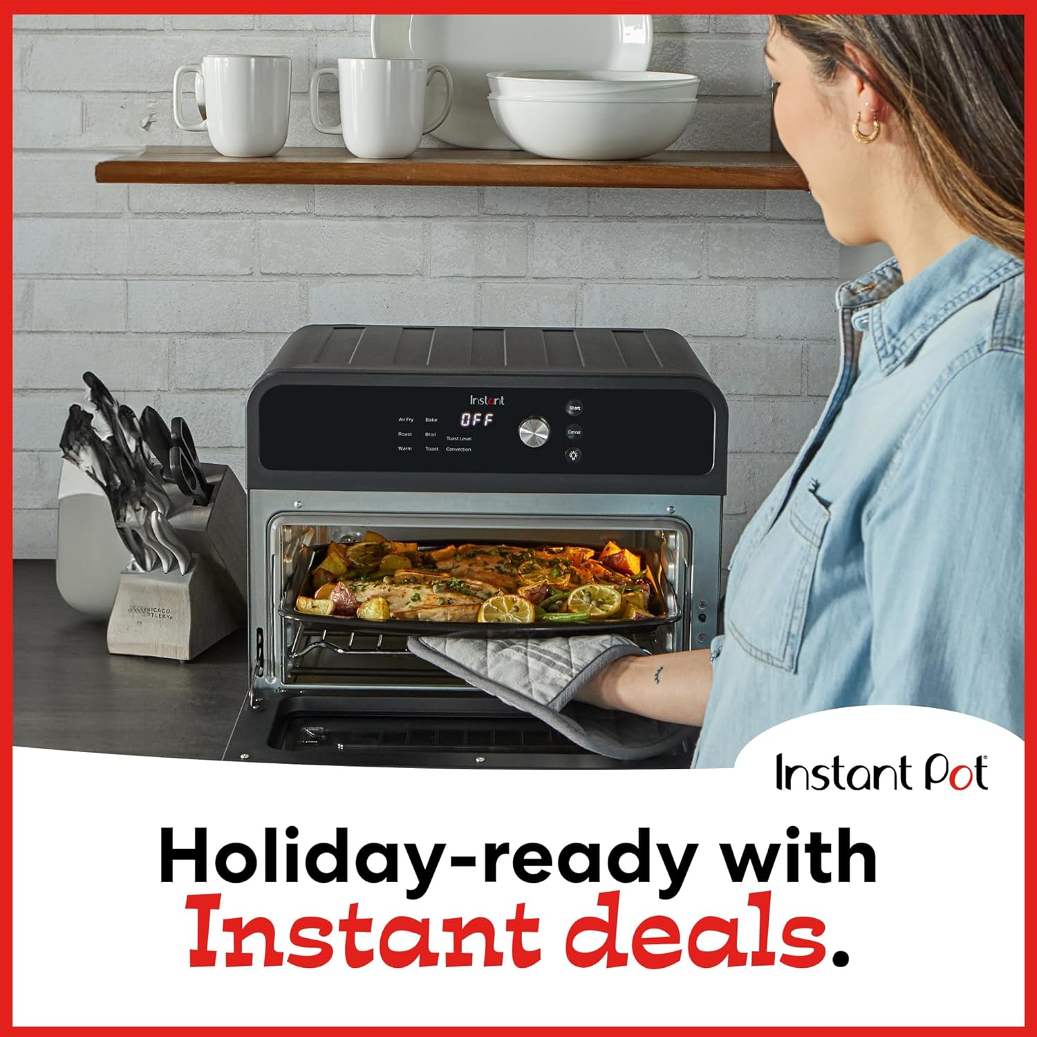 Person using an Instant Pot appliance in a kitchen setting with promotional text.