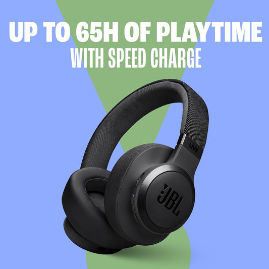 Black JBL headphones with text about playtime and speed charge on a blue and green background
