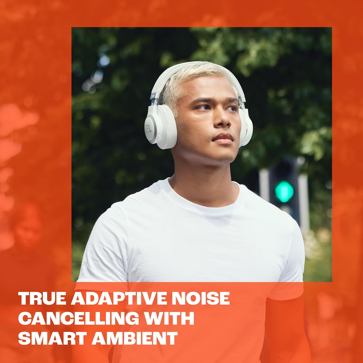 Person wearing white headphones with text about noise-cancelling technology on an orange background