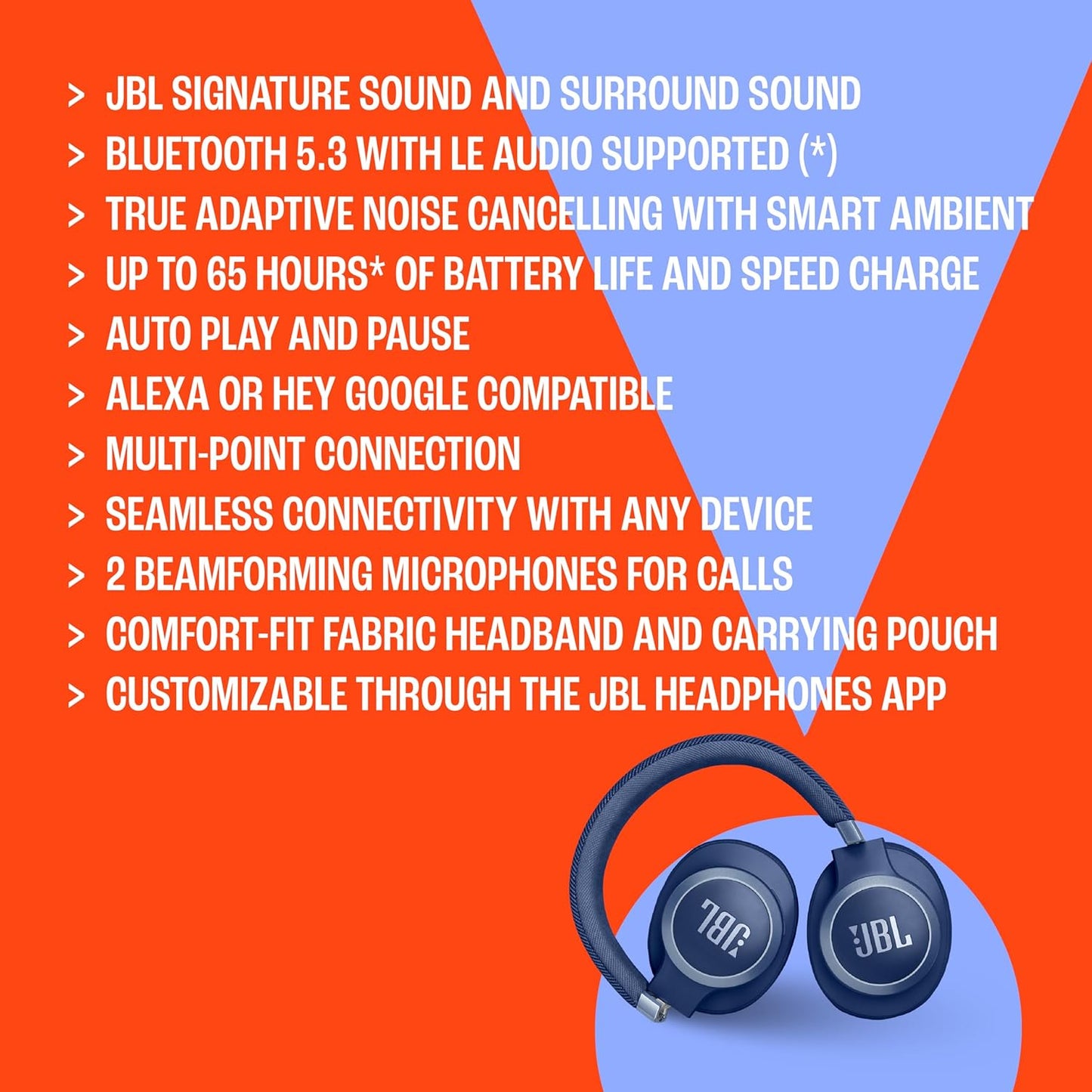 JBL headphones with feature list on an orange and blue background