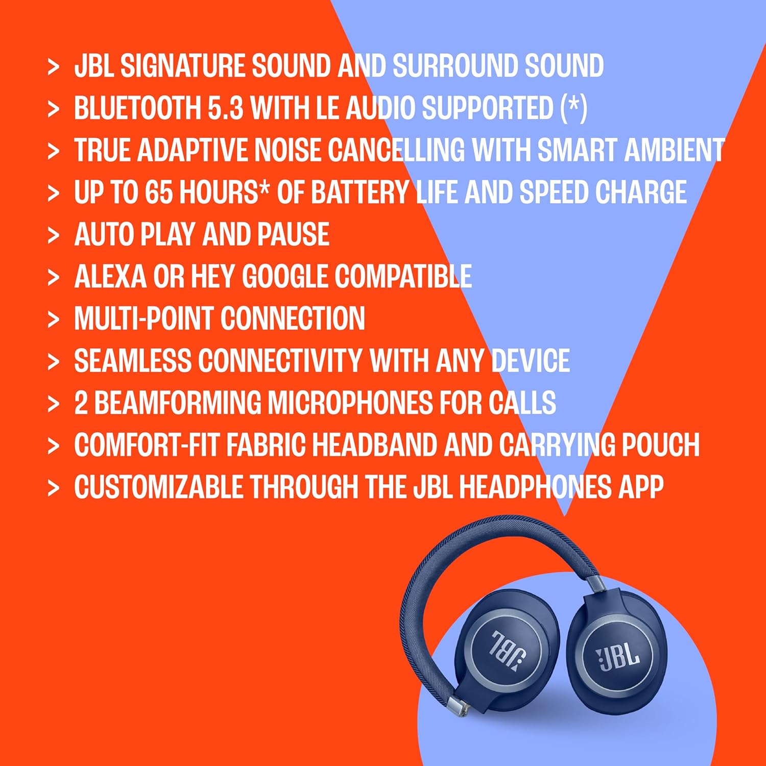 JBL headphones with feature list on an orange and blue background