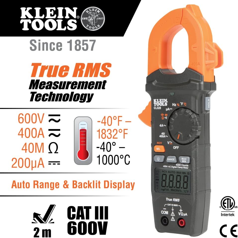Klein Tools multimeter with specifications on a white background