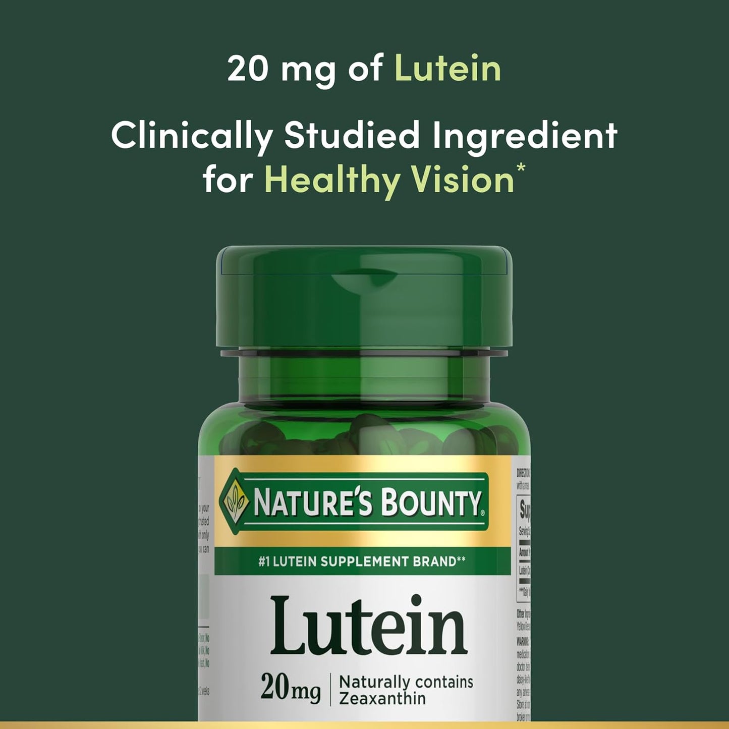 Nature's Bounty Lutein supplement bottle on a green background
