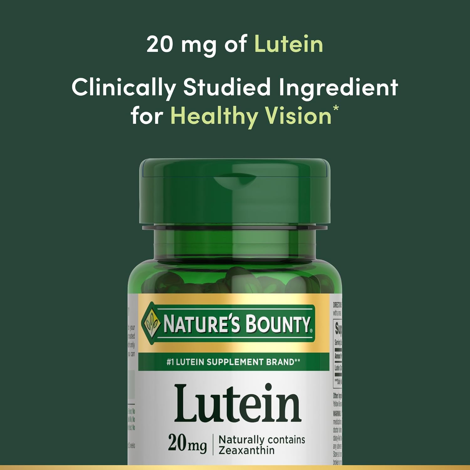 Nature's Bounty Lutein supplement bottle on a green background