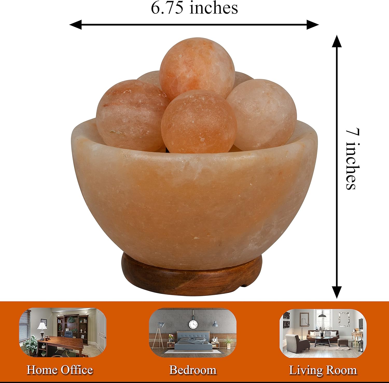 Himalayan salt lamp with decorative balls, shown with measurements and usage suggestions.