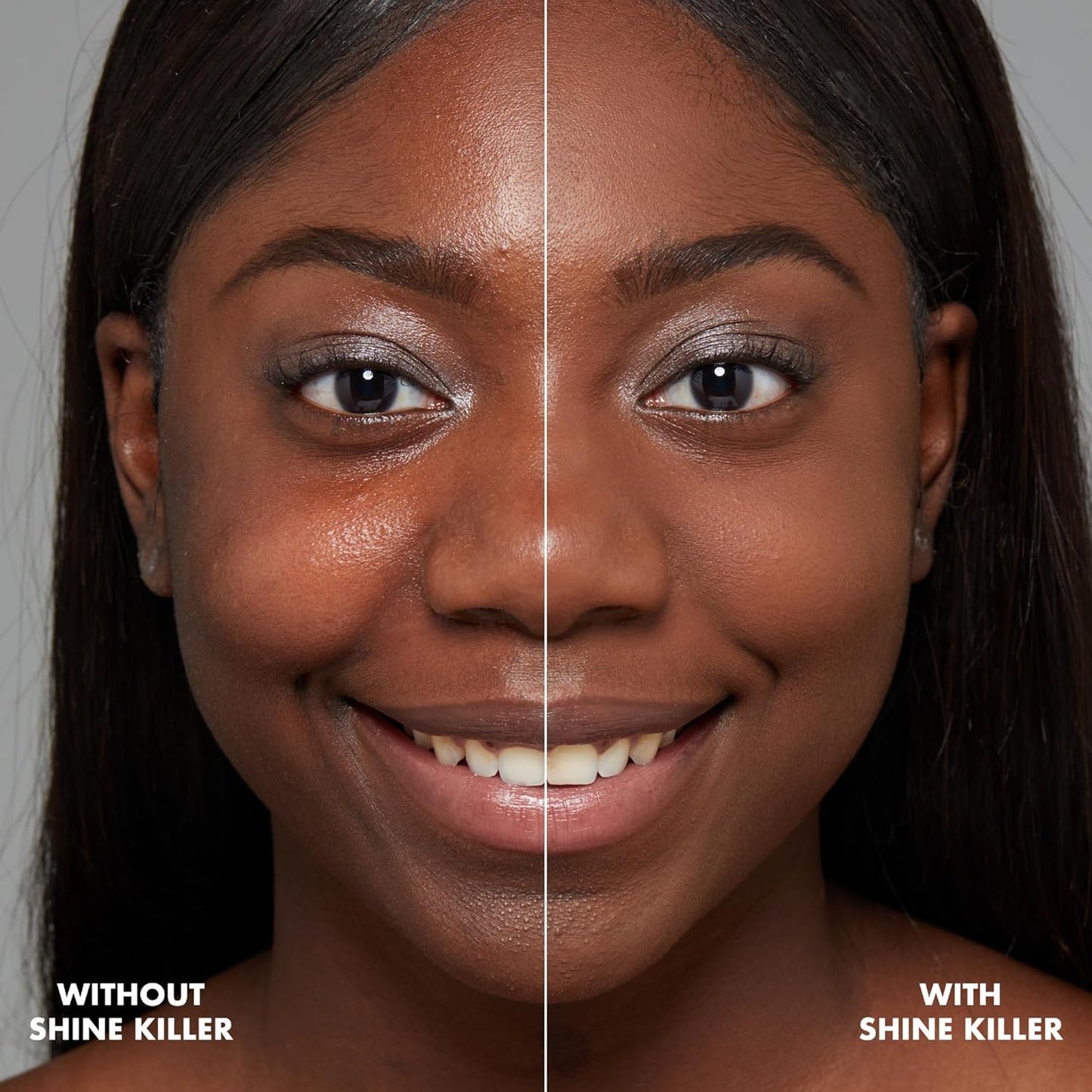 Before and after comparison of a woman's face with and without shine killer on a gray background.