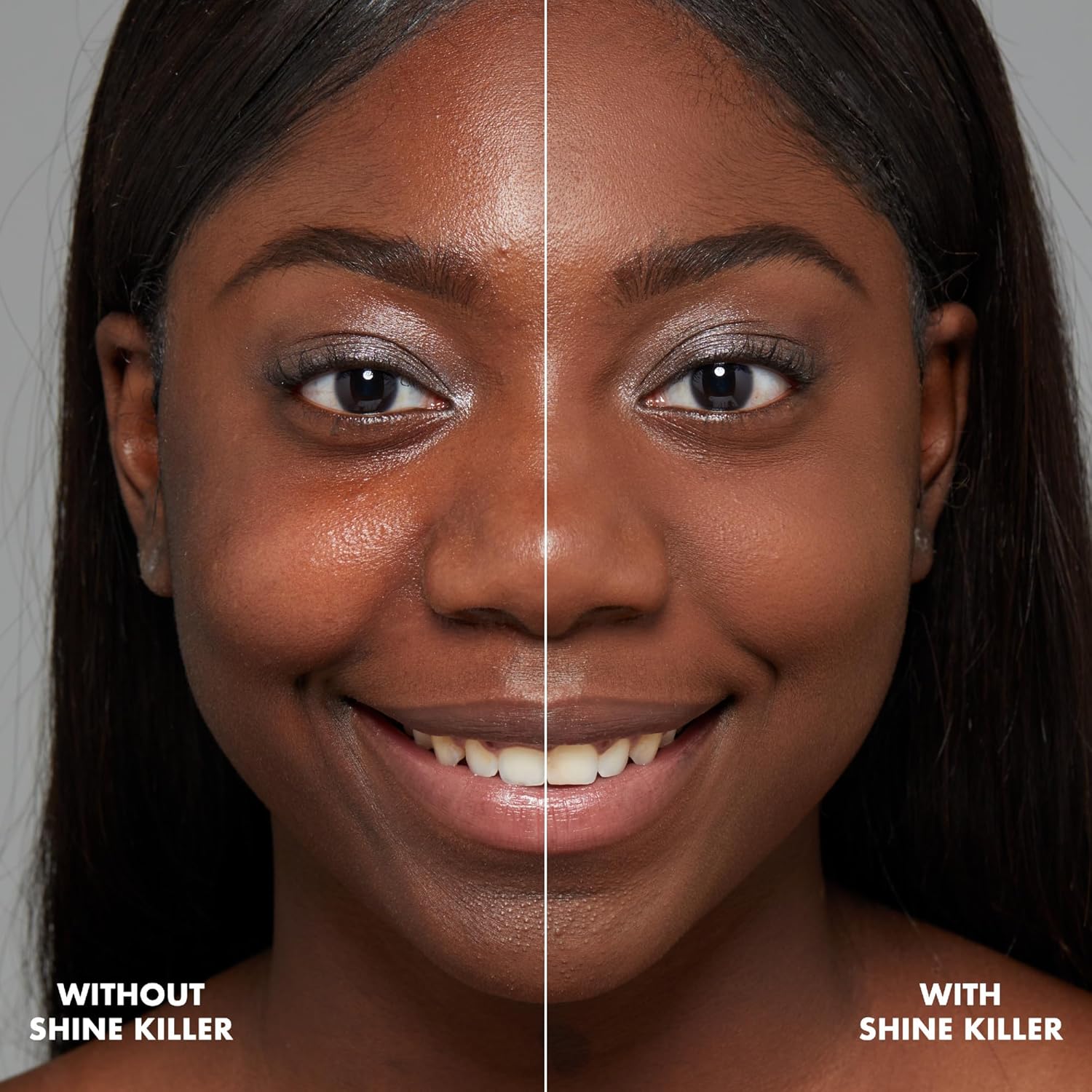 Before and after comparison of a woman's face with and without shine killer on a gray background.