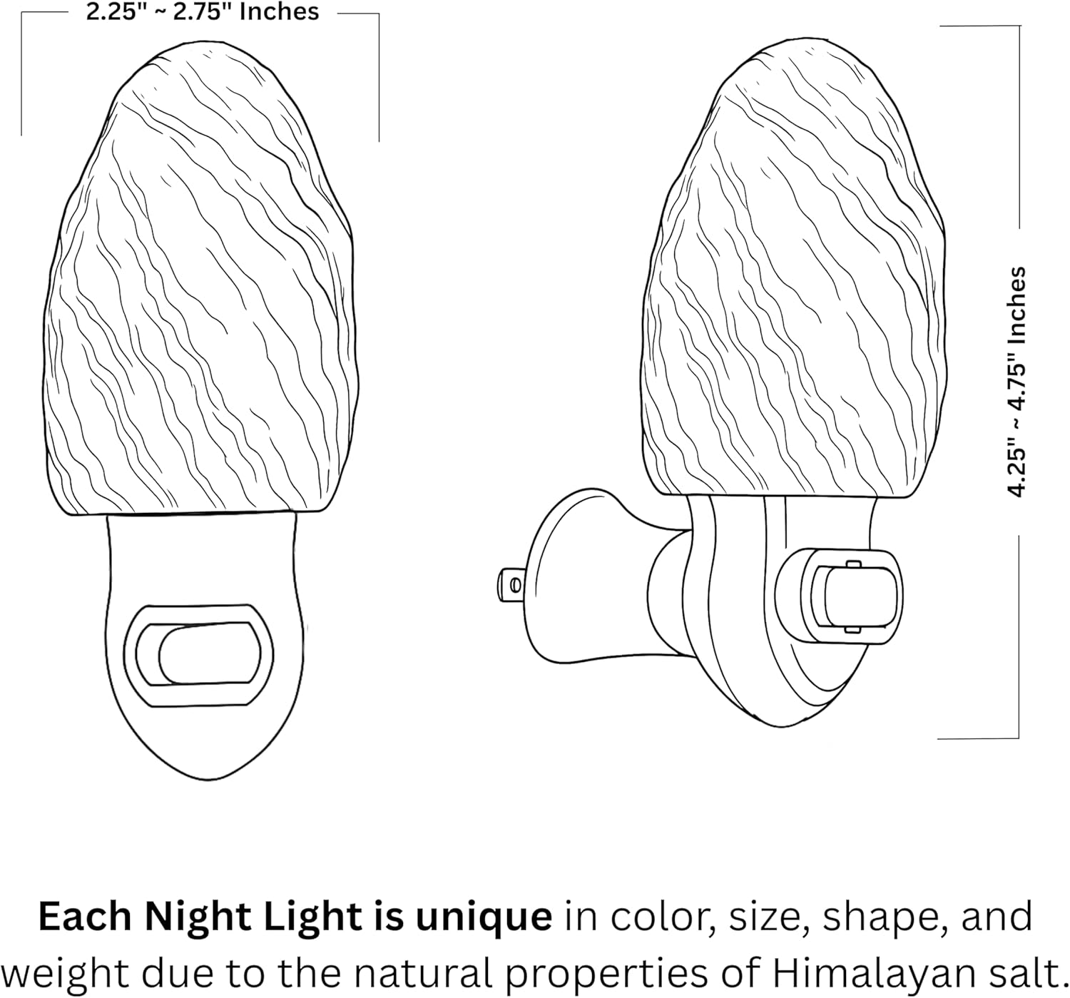 Technical drawing of a Himalayan salt lamp with dimensions and unique characteristics.
