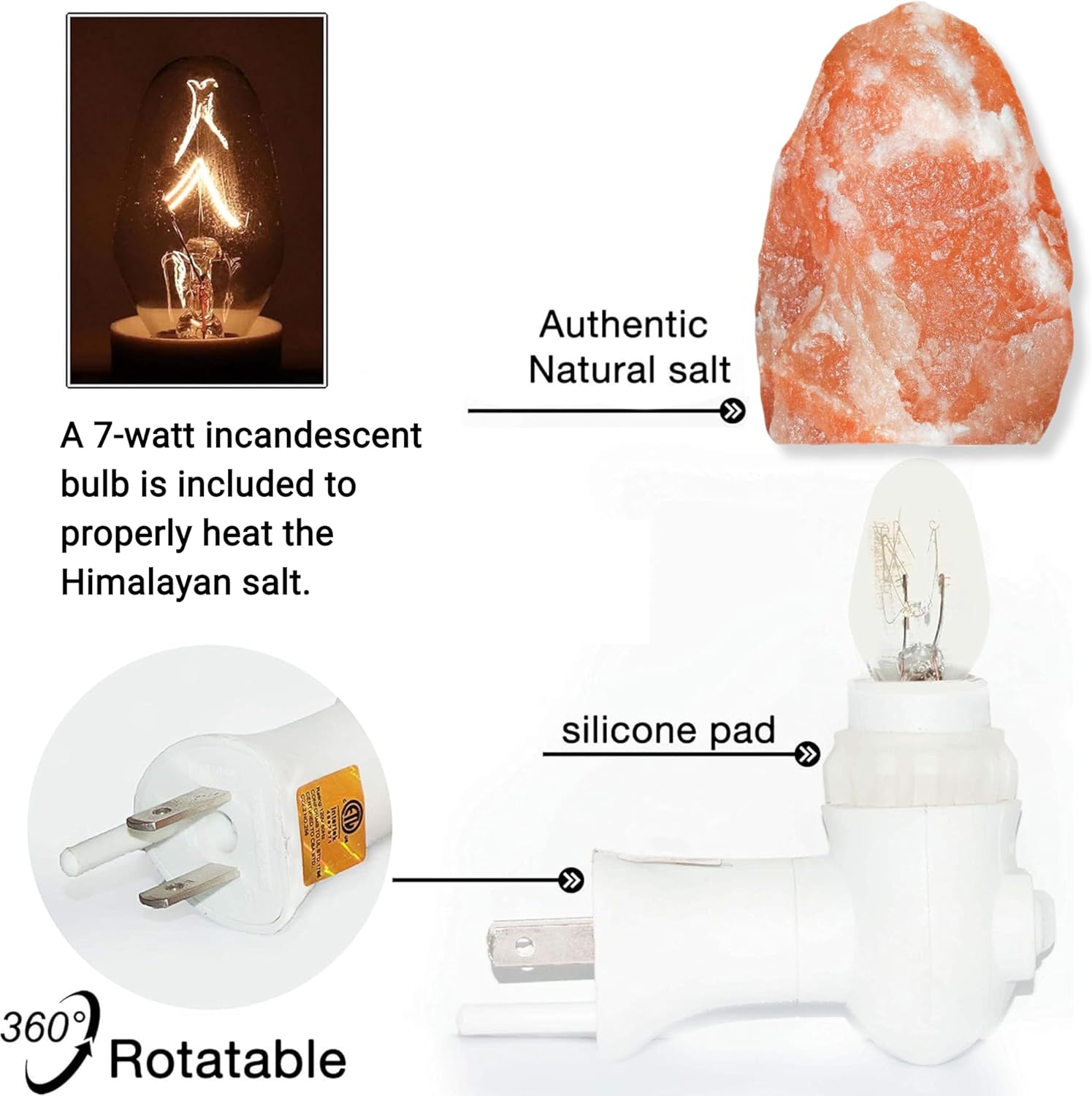 Himalayan salt lamp with bulb, silicone pad, and plug on a white background