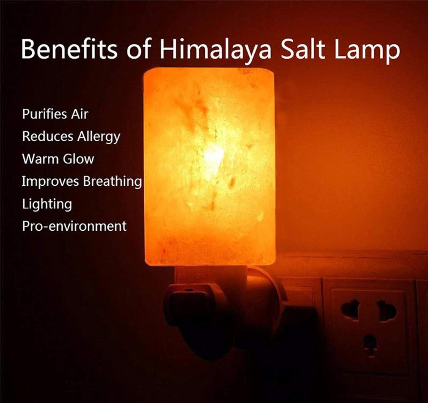 Himalayan salt lamp with glowing light on a dark background, featuring text about its benefits.