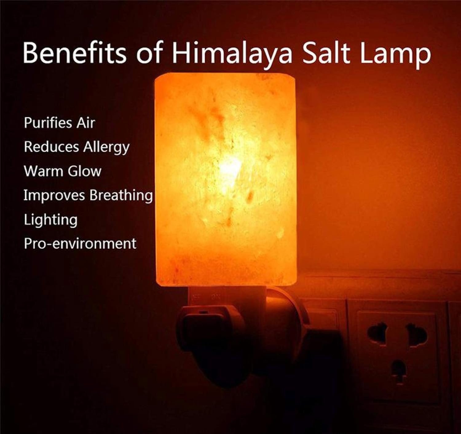 Himalayan salt lamp with glowing light on a dark background, featuring text about its benefits.