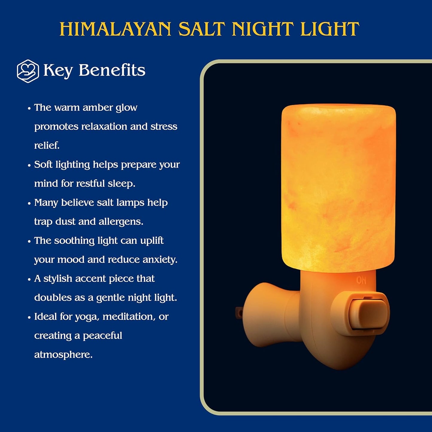 Himalayan salt night light with key benefits listed on a blue background