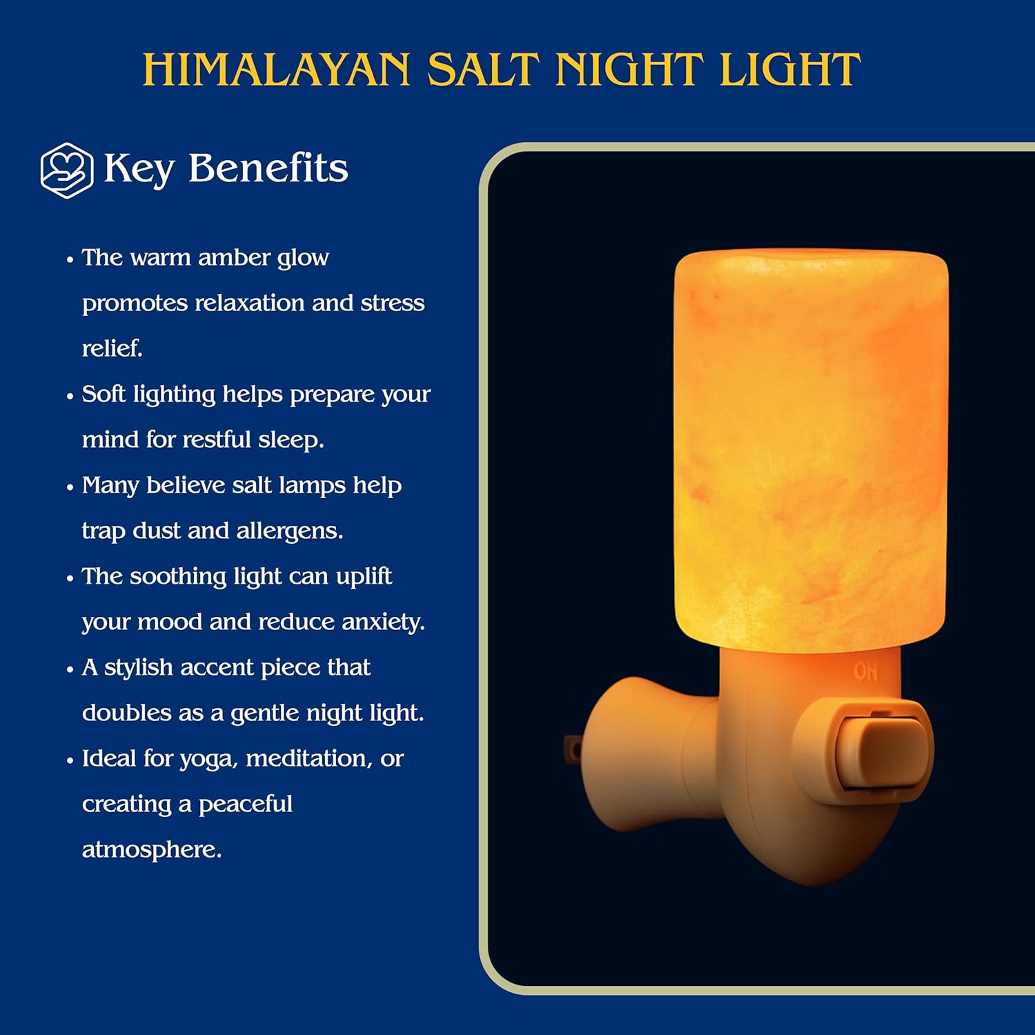 Himalayan salt night light with key benefits listed on a blue background