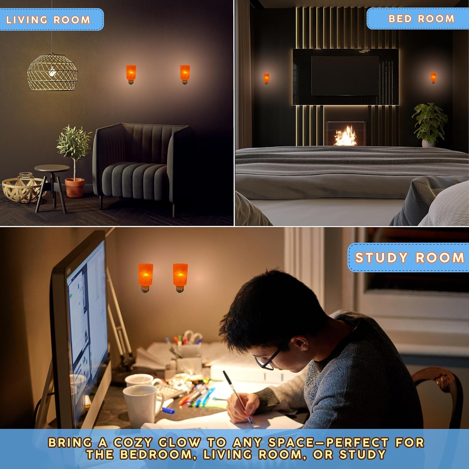 Collage of a living room, bedroom, and study room with cozy glow lights.