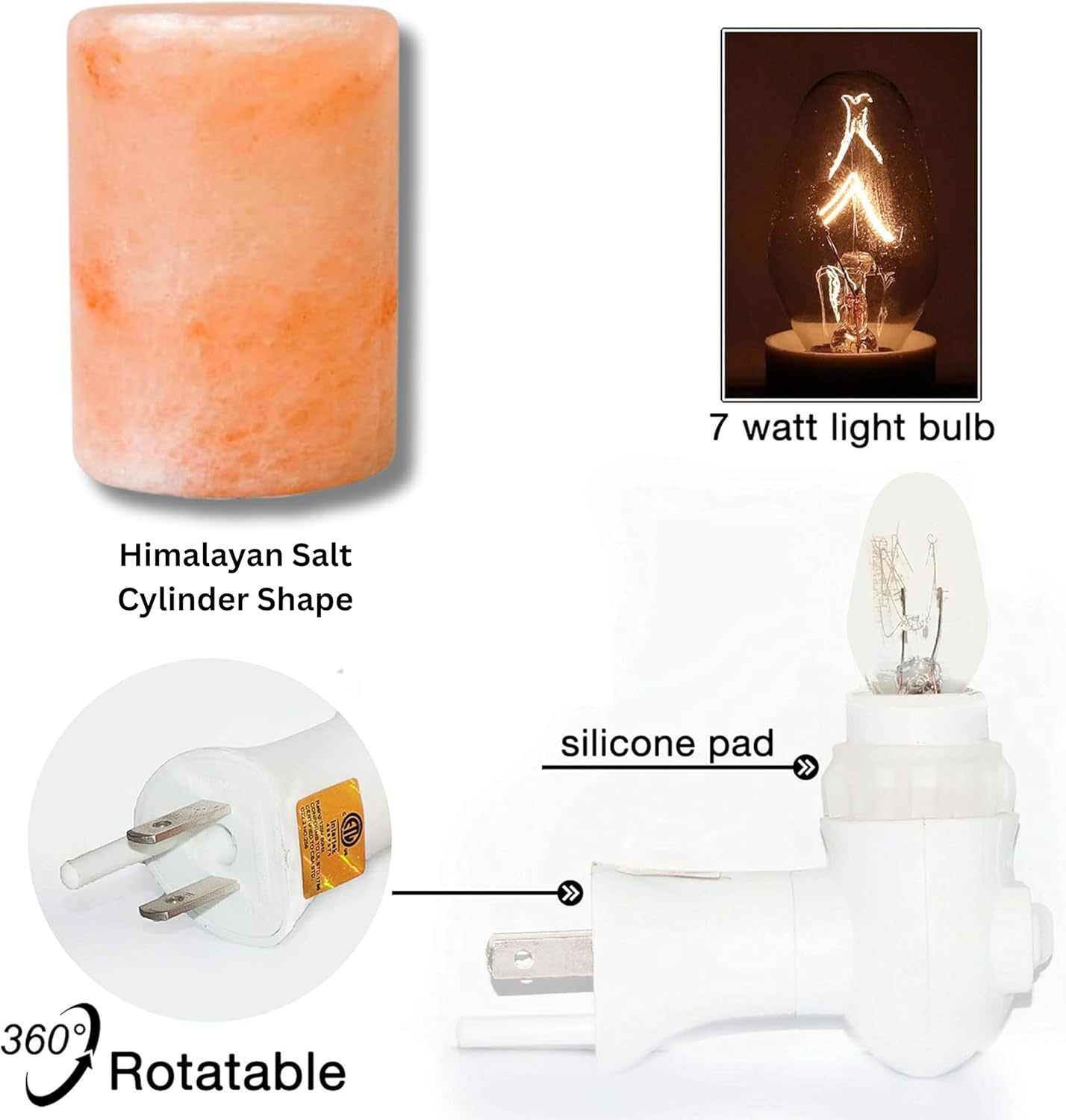 Himalayan salt lamp with features highlighted, including a light bulb and silicone pad.