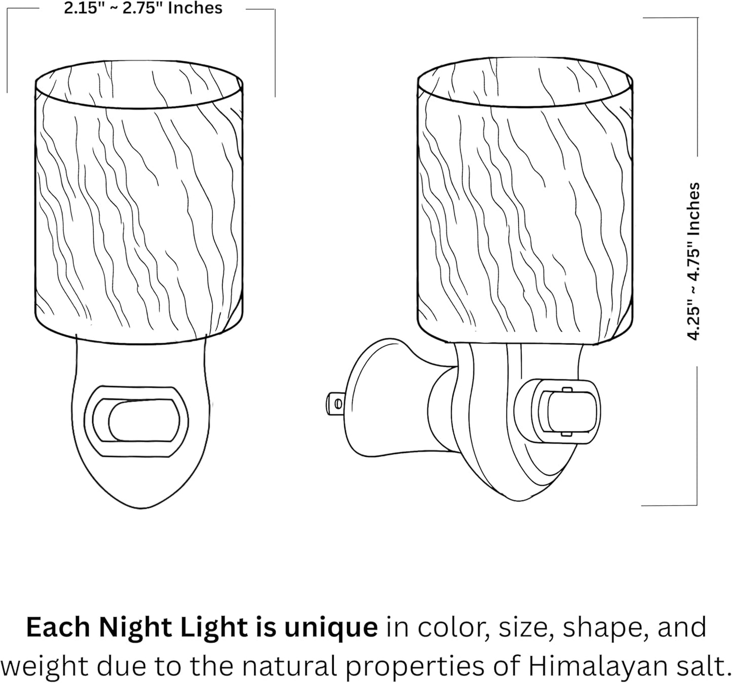 Line drawing of two Himalayan salt lamps with dimensions indicated.