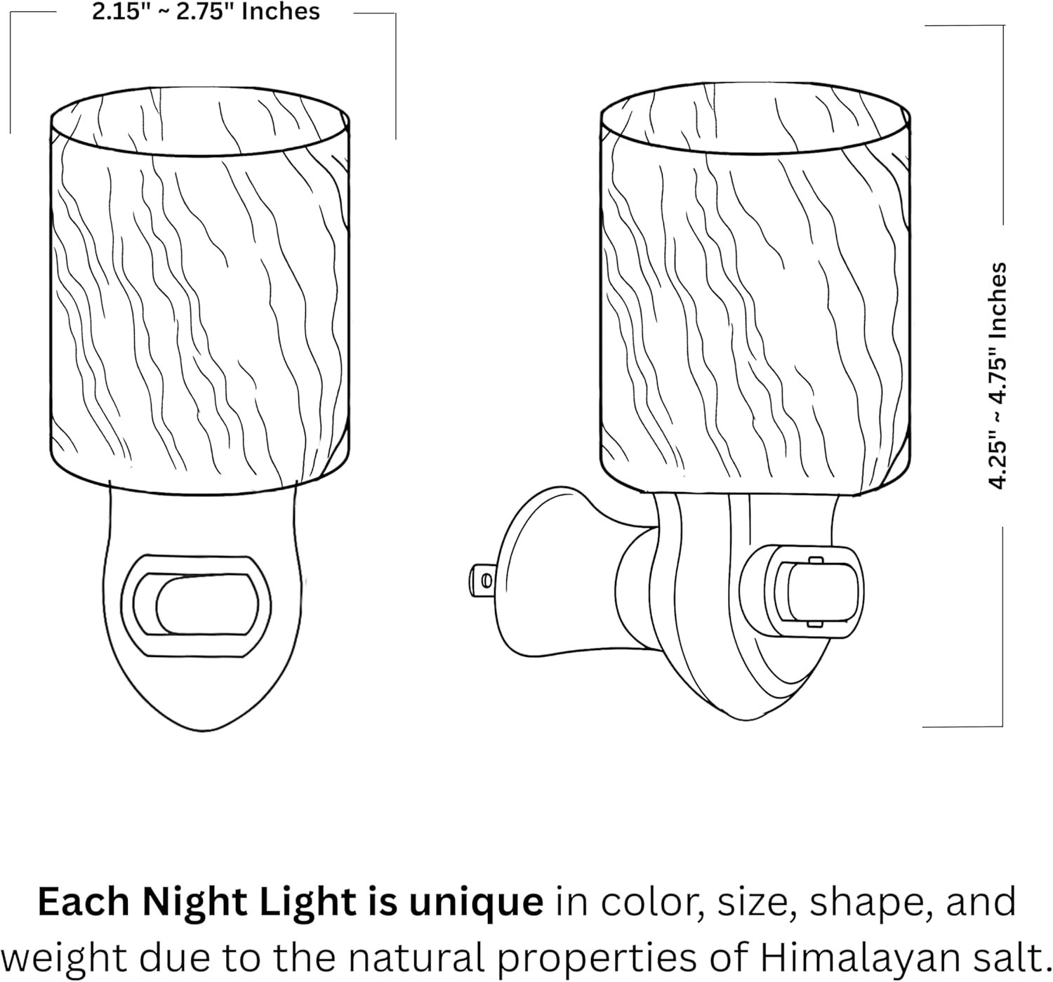 Line drawing of two Himalayan salt lamps with dimensions indicated.
