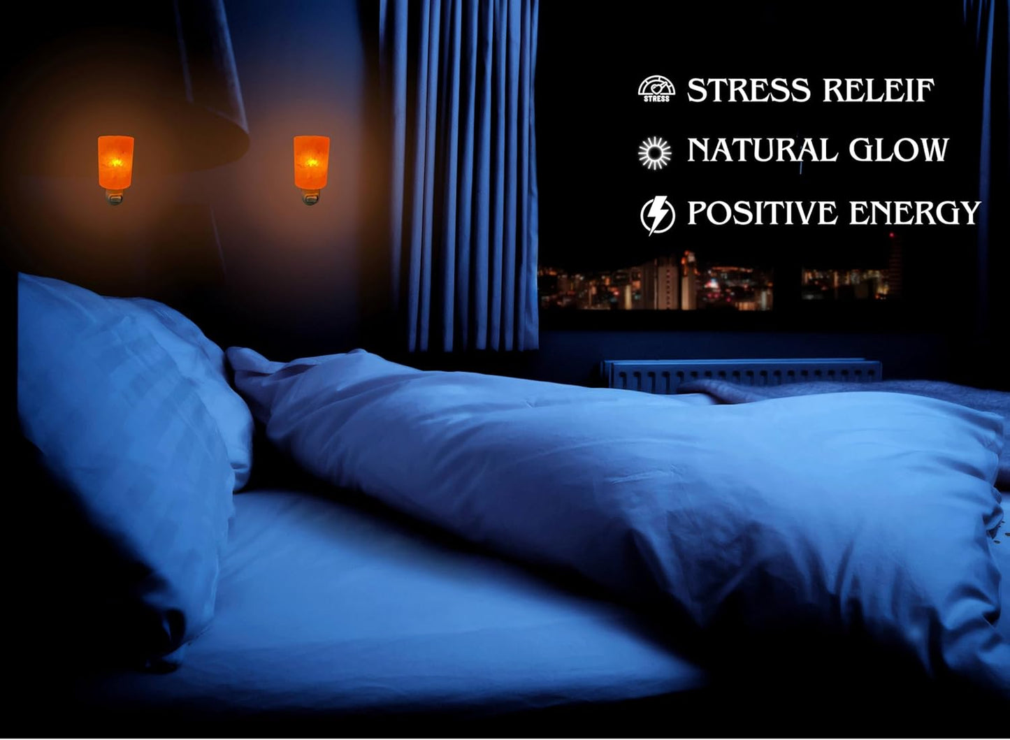 Bedroom with glowing wall lights and text about stress relief, natural glow, and positive energy.