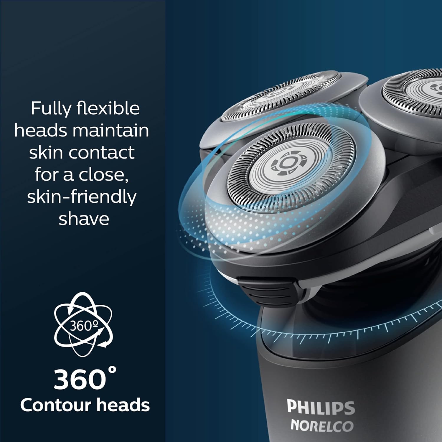Philips Norelco electric shaver with 360-degree contour heads on a dark blue background