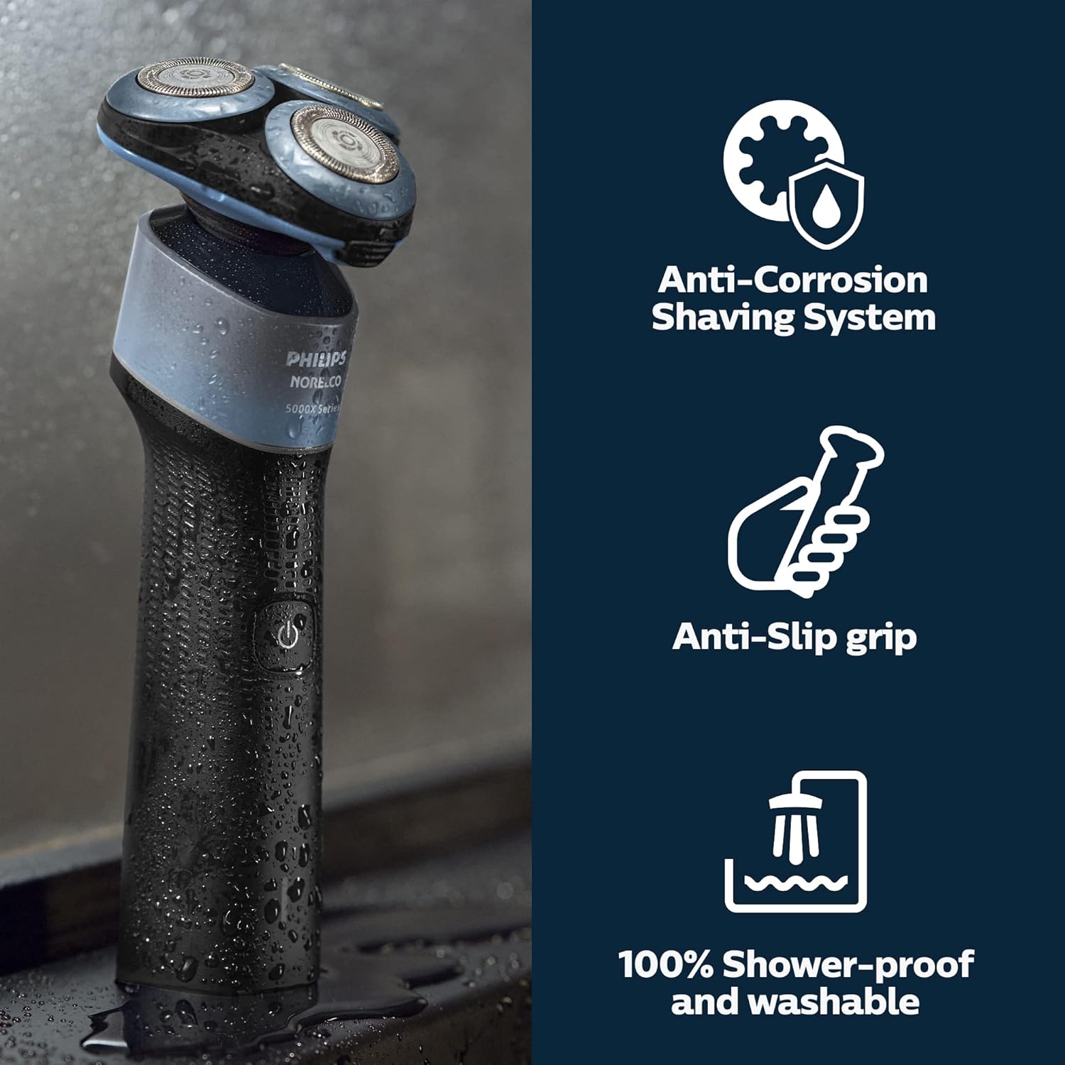 Philips electric shaver with anti-corrosion, anti-slip grip, and shower-proof features on a dark background.
