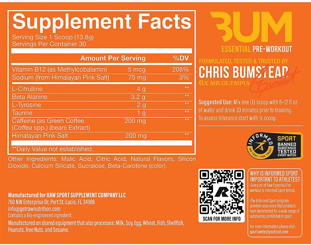 Supplement label for BUM Essential Pre-Workout with nutritional information and branding details.