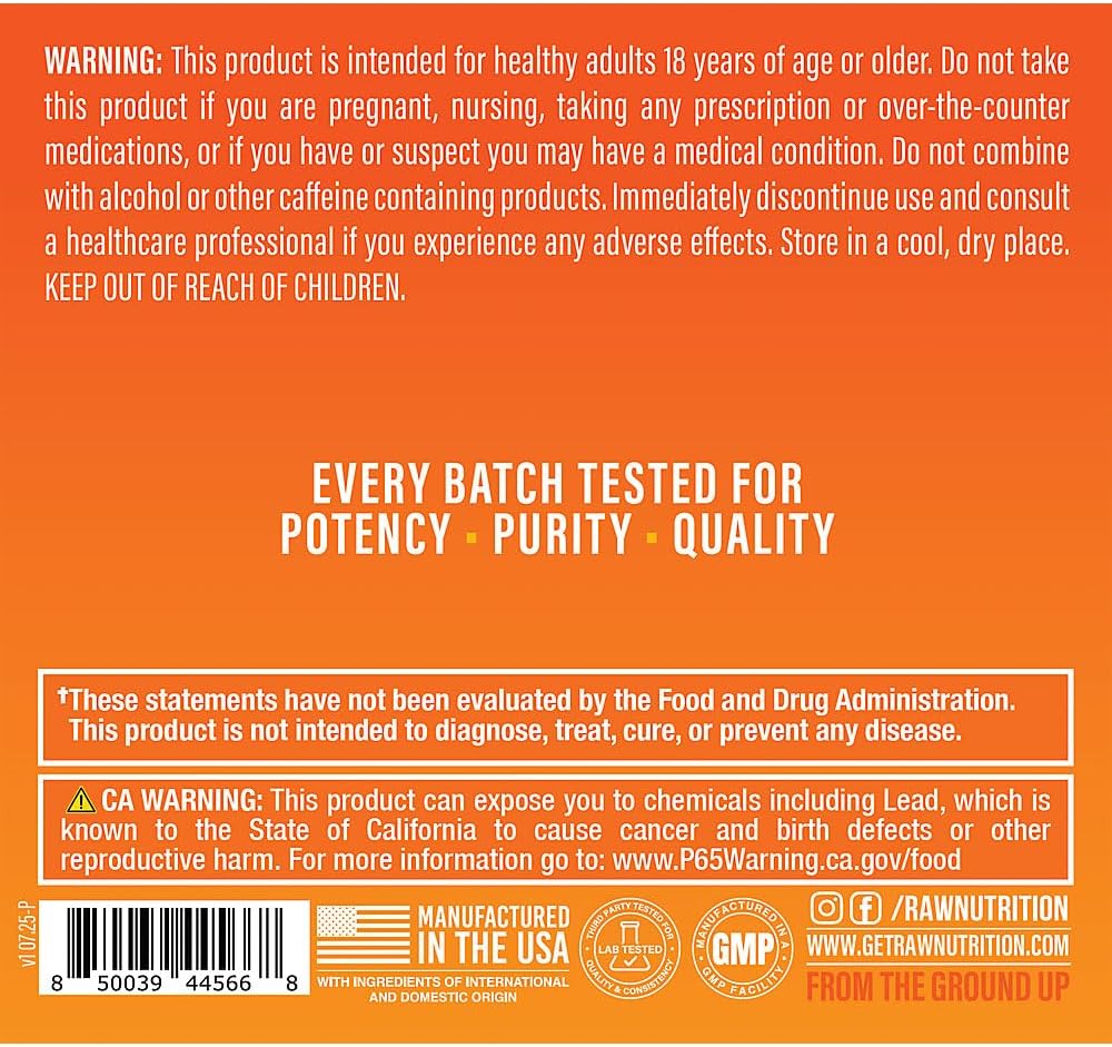 Product label with warnings, batch testing information, and manufacturing details on an orange background.