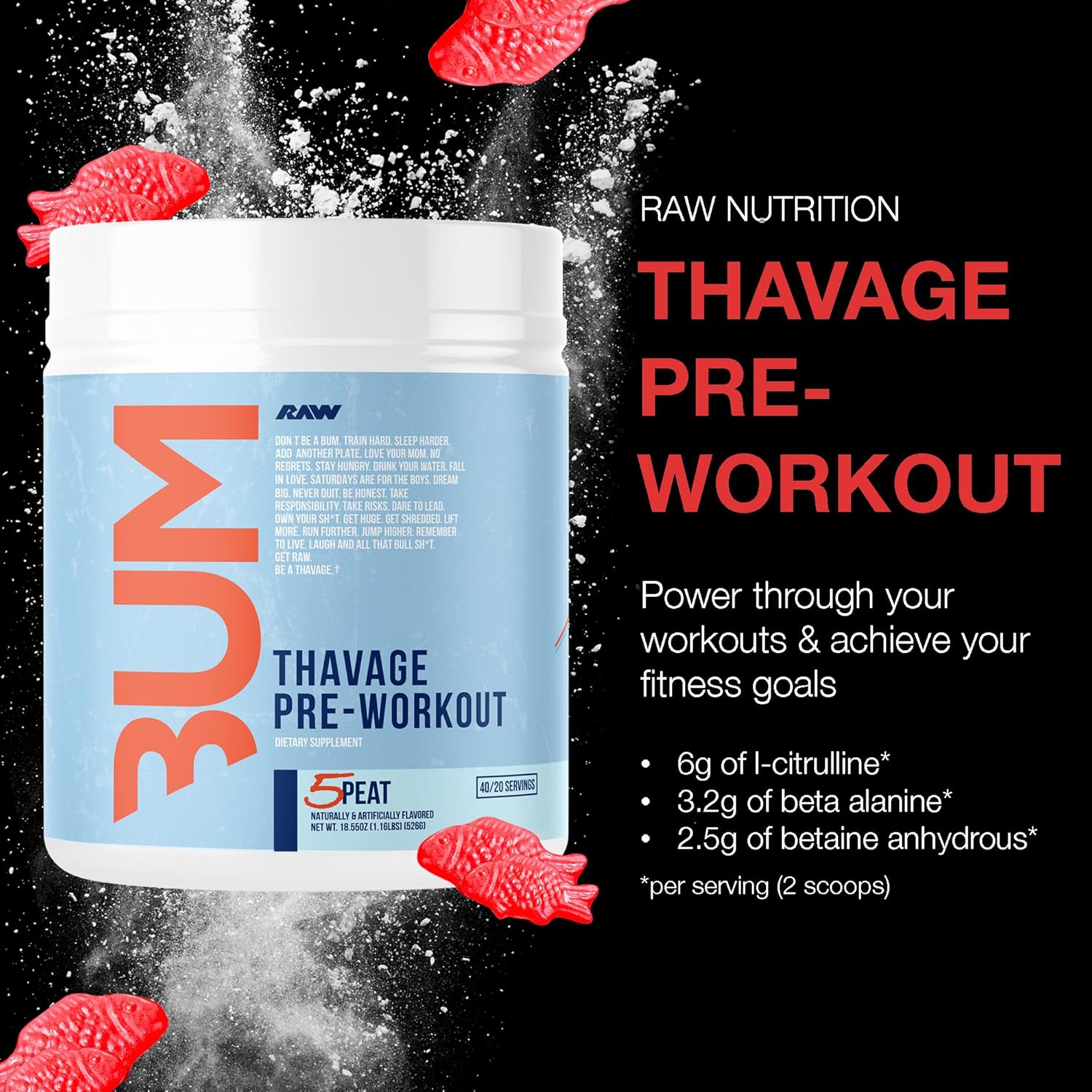 Thavage pre-workout supplement container with powder splash on a black background