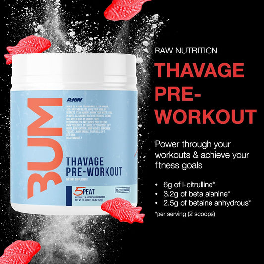 Thavage pre-workout supplement container with powder splash on a black background