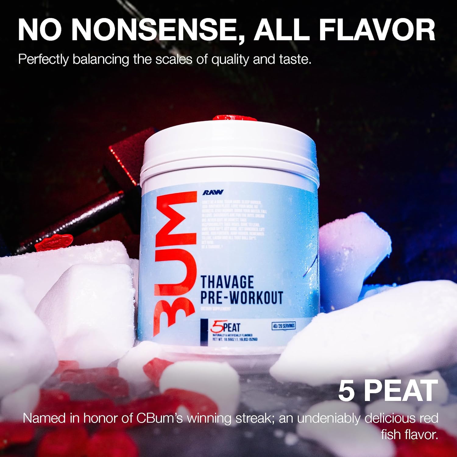 Pre-workout supplement container with 'Bum' branding on a dark background