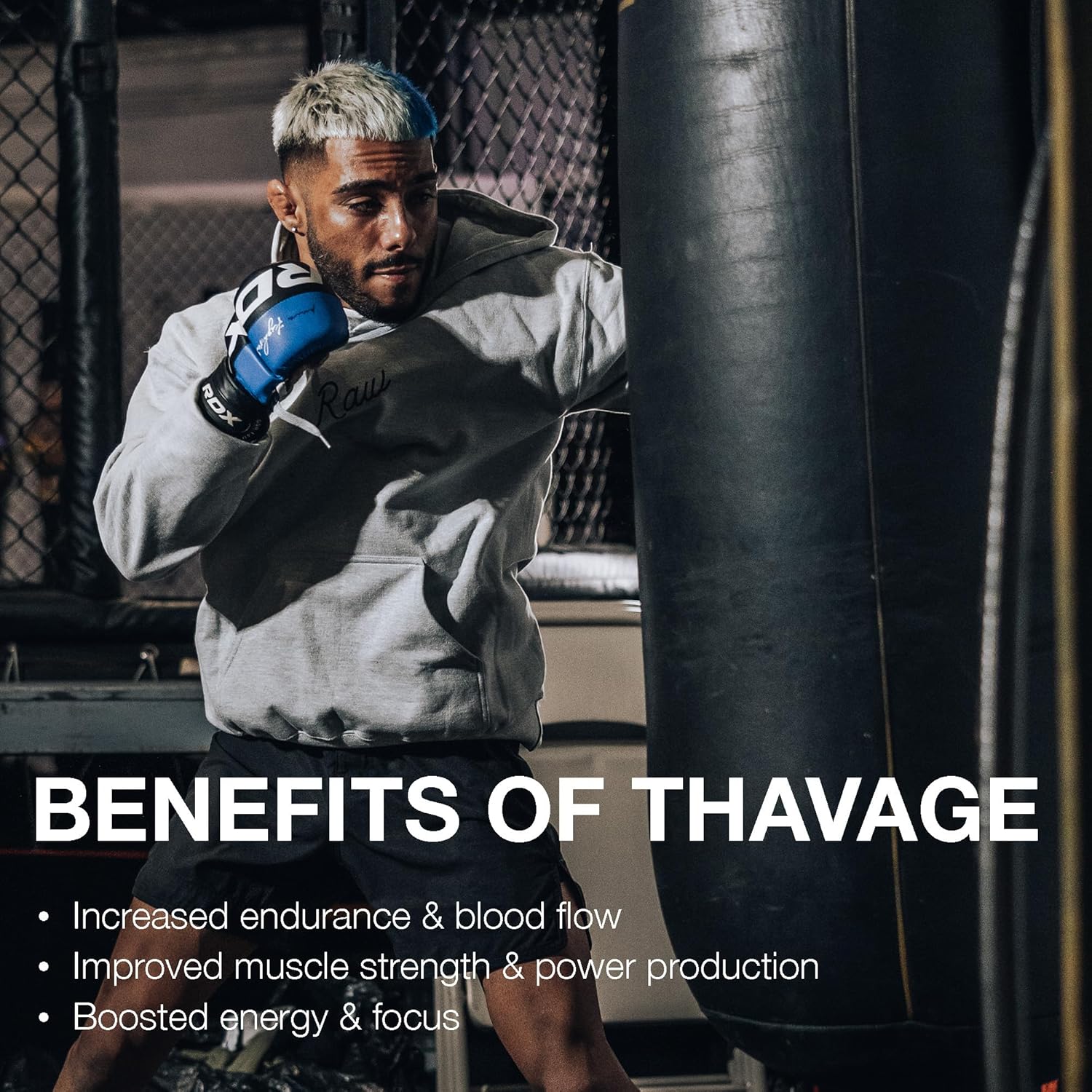 Person training with a punching bag, with text about the benefits of Thavage.