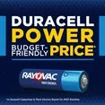 Duracell battery with 'Power at a Power-Friendly Price' text and Rayovac logo.