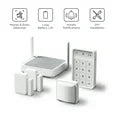 Set of security system components including a router, camera, and keypad on a white background.