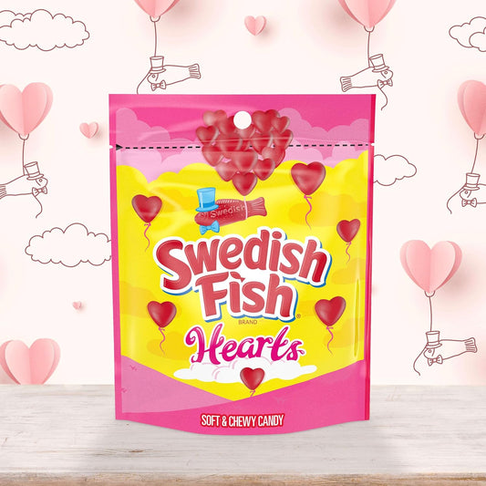 Swedish Fish Hearts candy package with a heart-themed background