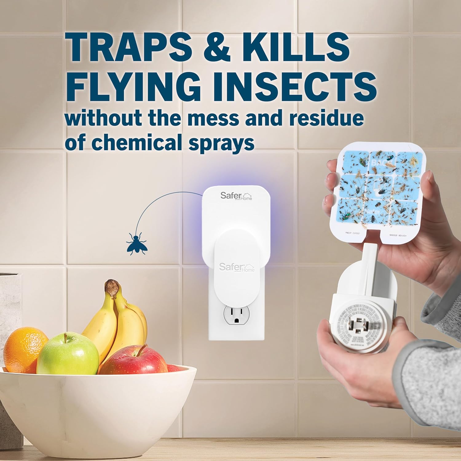 Insect trap device with text on a kitchen background