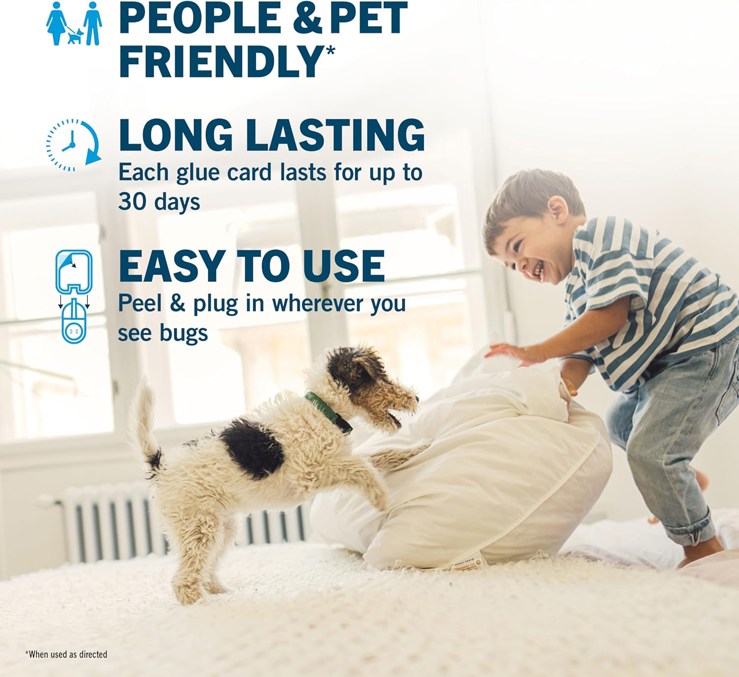 Child and dog interacting with a product on a bed, with text about its features.