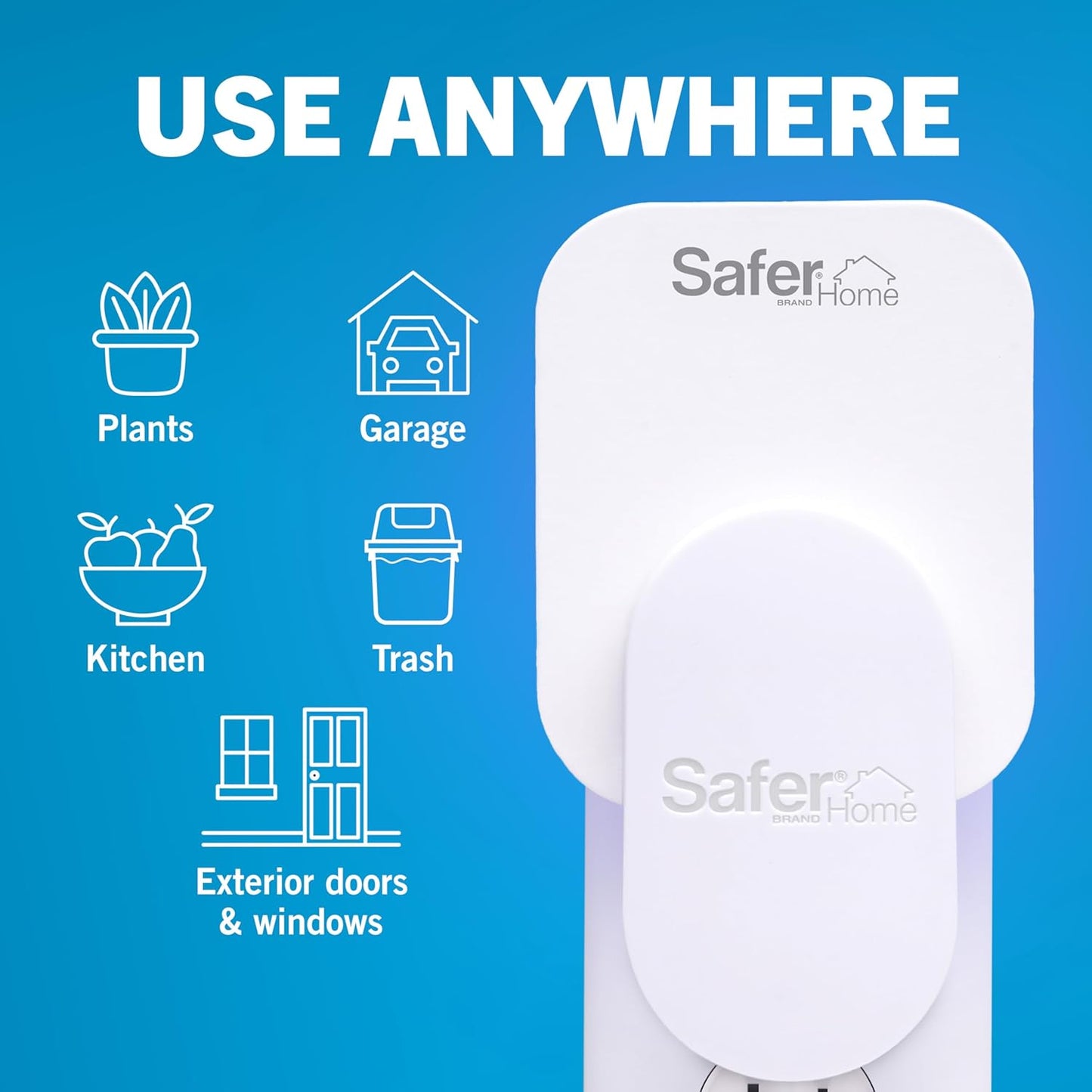 Safer Home device with icons indicating its use in various locations on a blue background