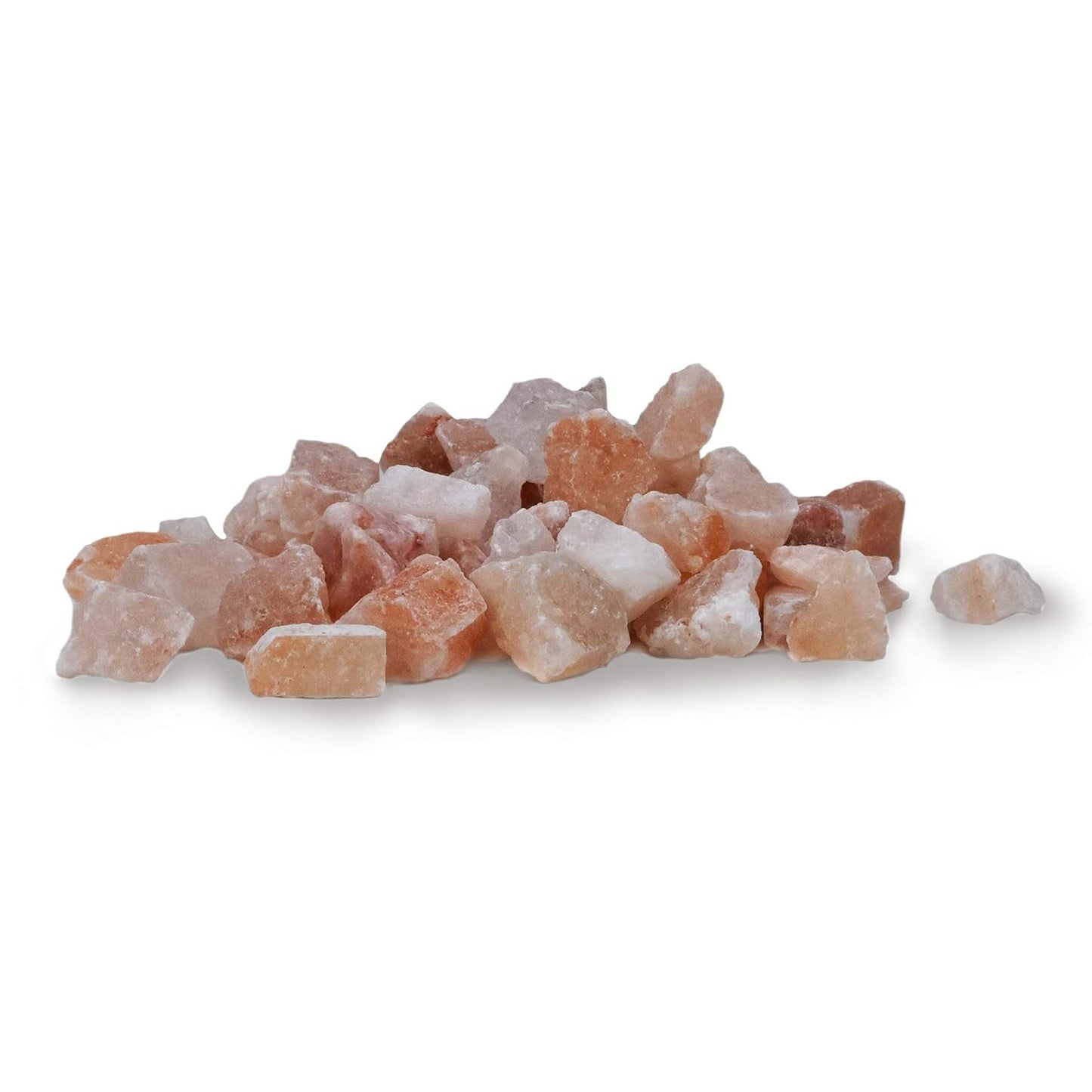 Heap of pink Himalayan salt crystals on a white background