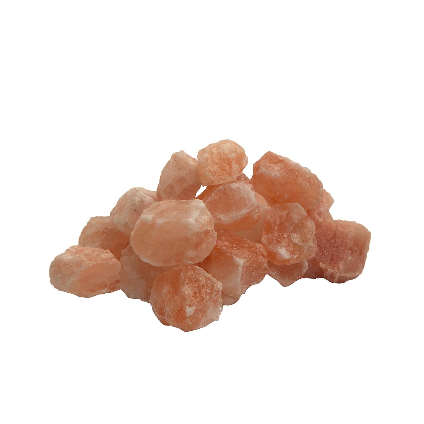 Pink Himalayan salt crystals on a white background