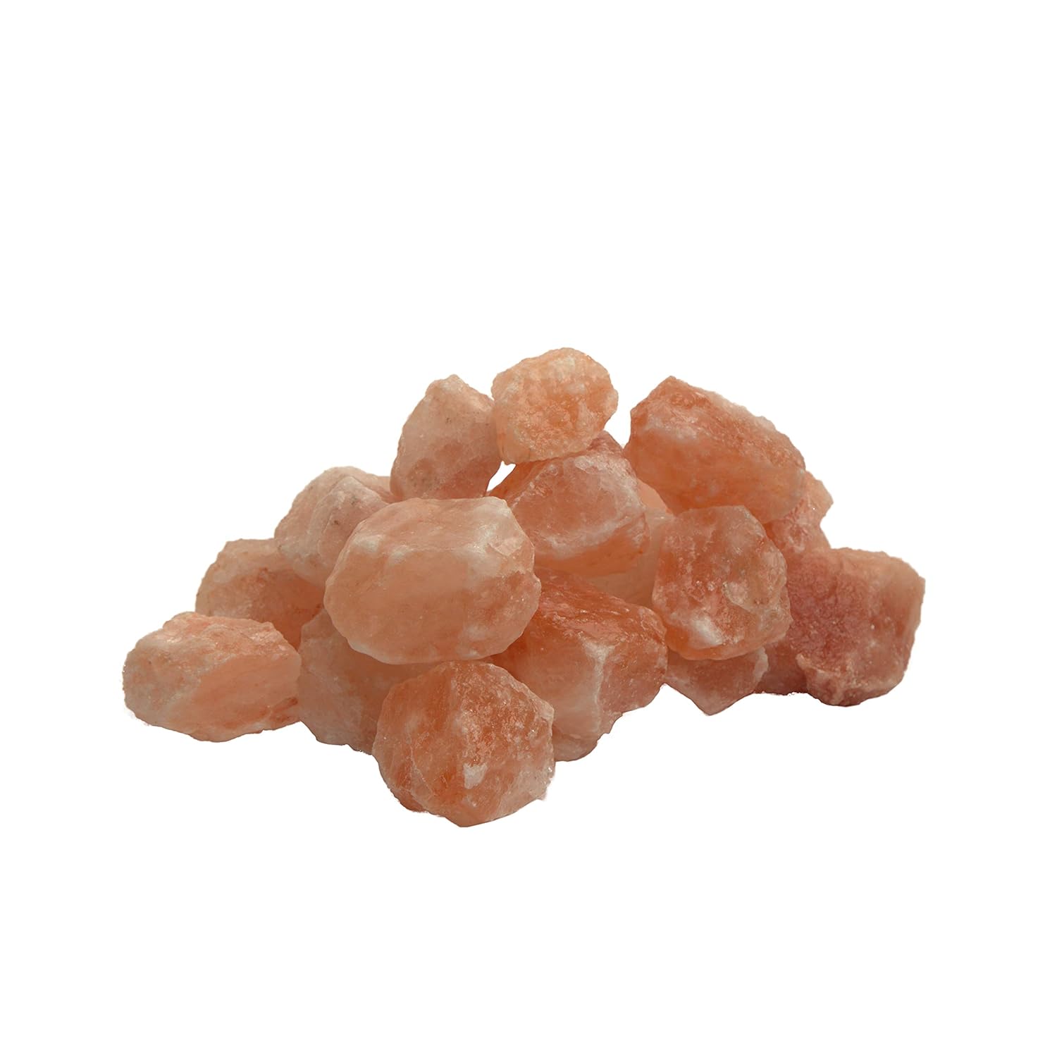 Pink Himalayan salt crystals on a white background