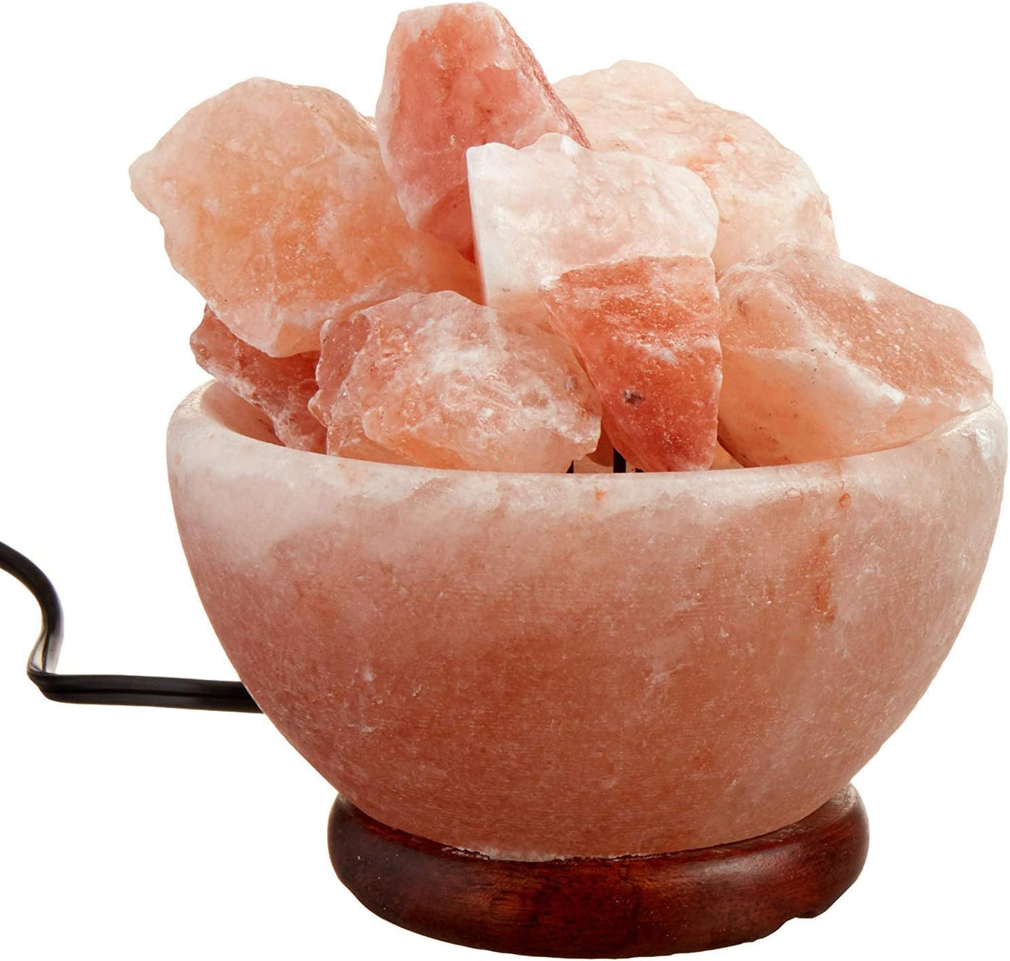 Himalayan pink salt crystal bowl with wooden base on a white background