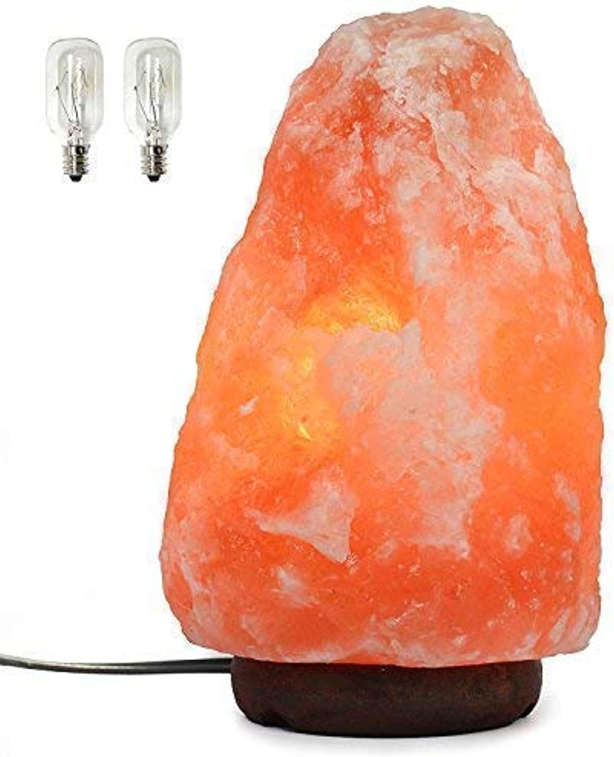 Himalayan salt lamp with two light bulbs on a white background
