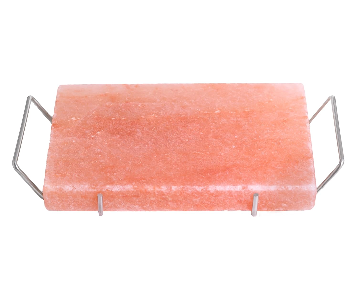 Himalayan salt block with metal holder on a white background