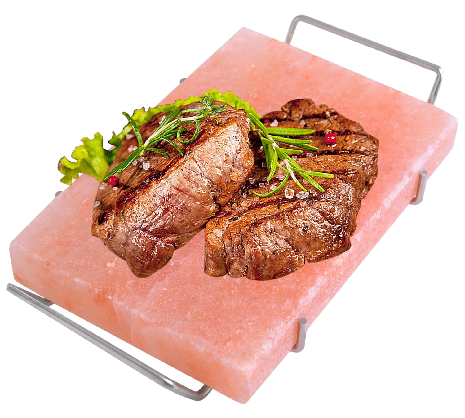 Grilled steak with herbs on a pink Himalayan salt block