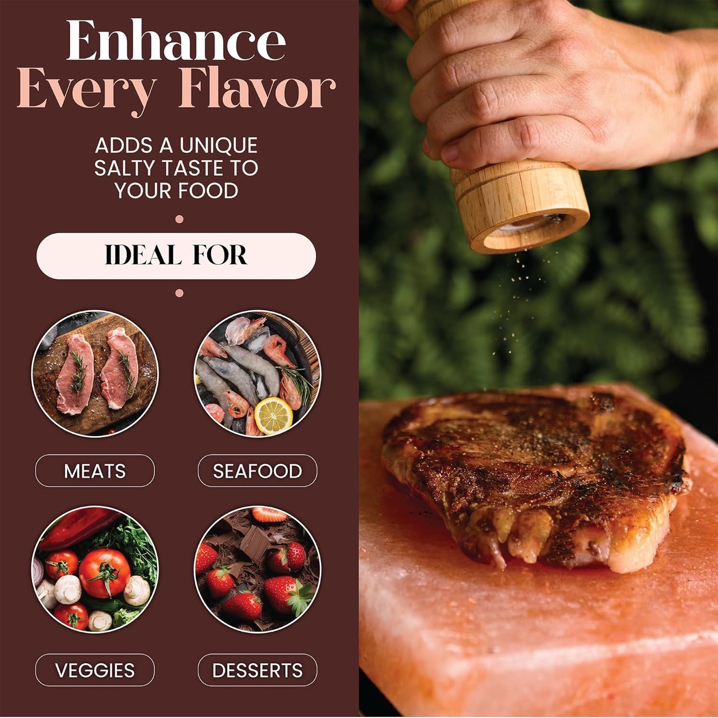 Advertisement for a salt product with text 'Enhance Every Flavor' and images of salt being added to food.