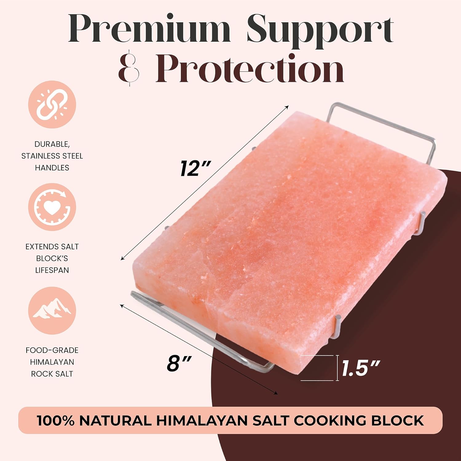 Himalayan salt cooking block with dimensions and features on a brown background