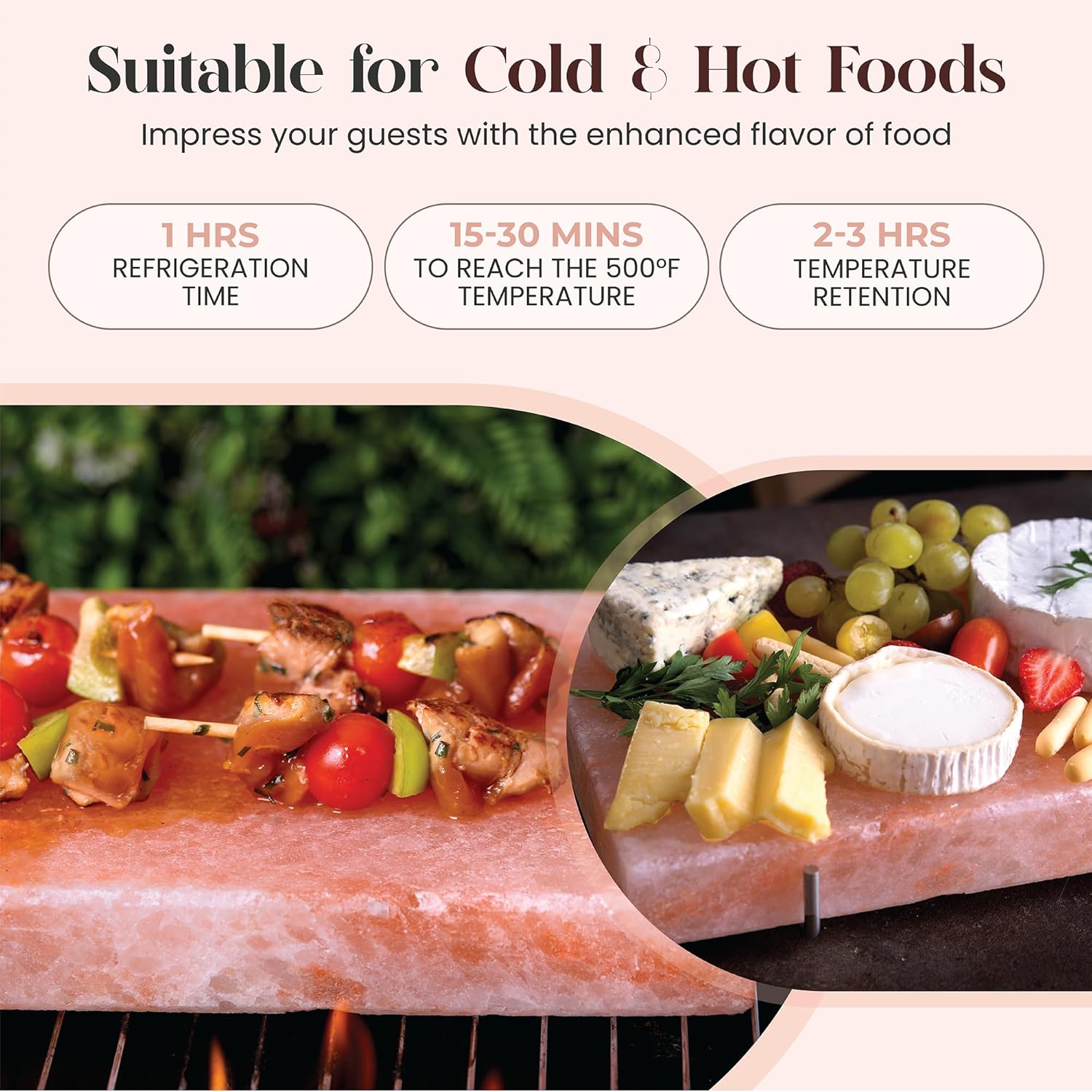 Heated pink salt block with skewers and cheese, suitable for cold and hot foods.