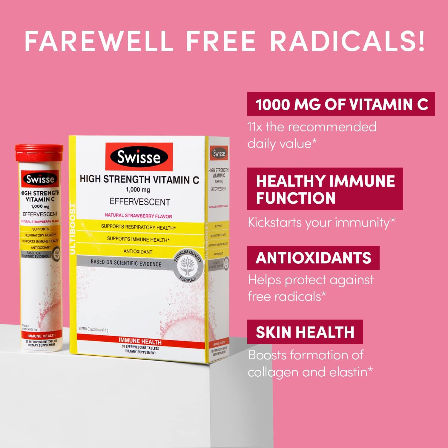 Swisse High Strength Vitamin C supplement packaging on a pink background with text highlighting benefits.