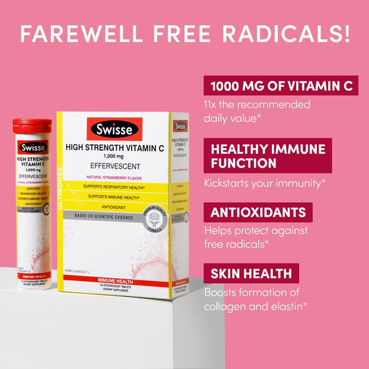 Swisse High Strength Vitamin C supplement packaging on a pink background with text highlighting benefits.